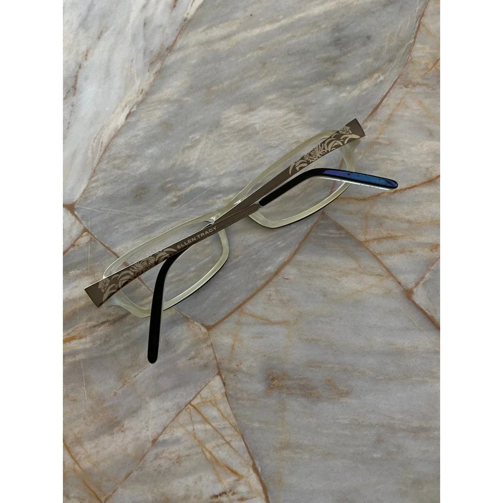 Ellen Tracy Charon Black Laminate Rectangular Eyeglasses Floral Etched Temples